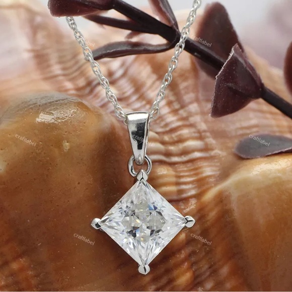 Certified Princess Cut Moissanite Diamond Necklace 2CT - Picture 1 of 12